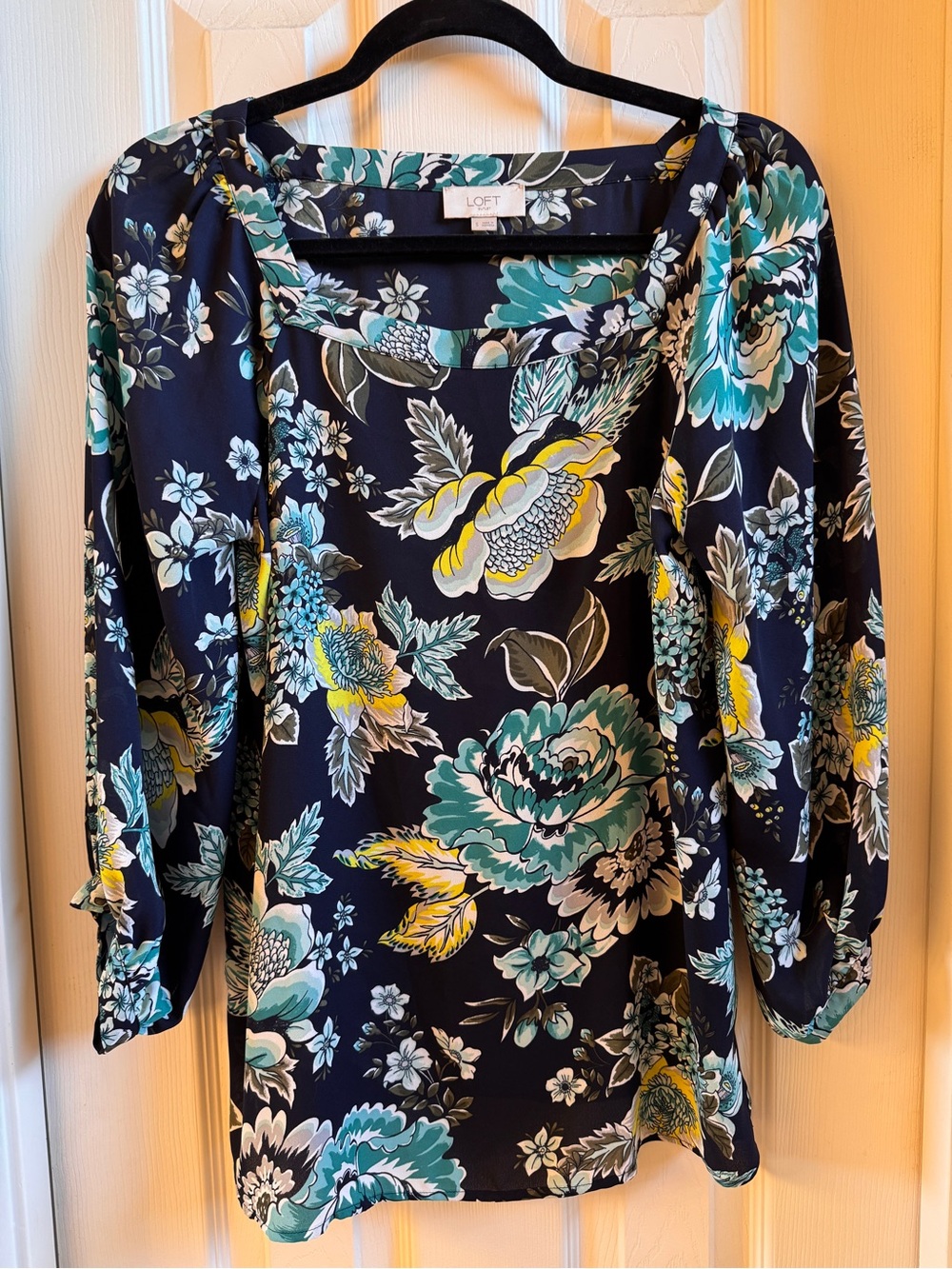 LOFT Navy Floral Square Neck Top with Teal & Yellow Blooms